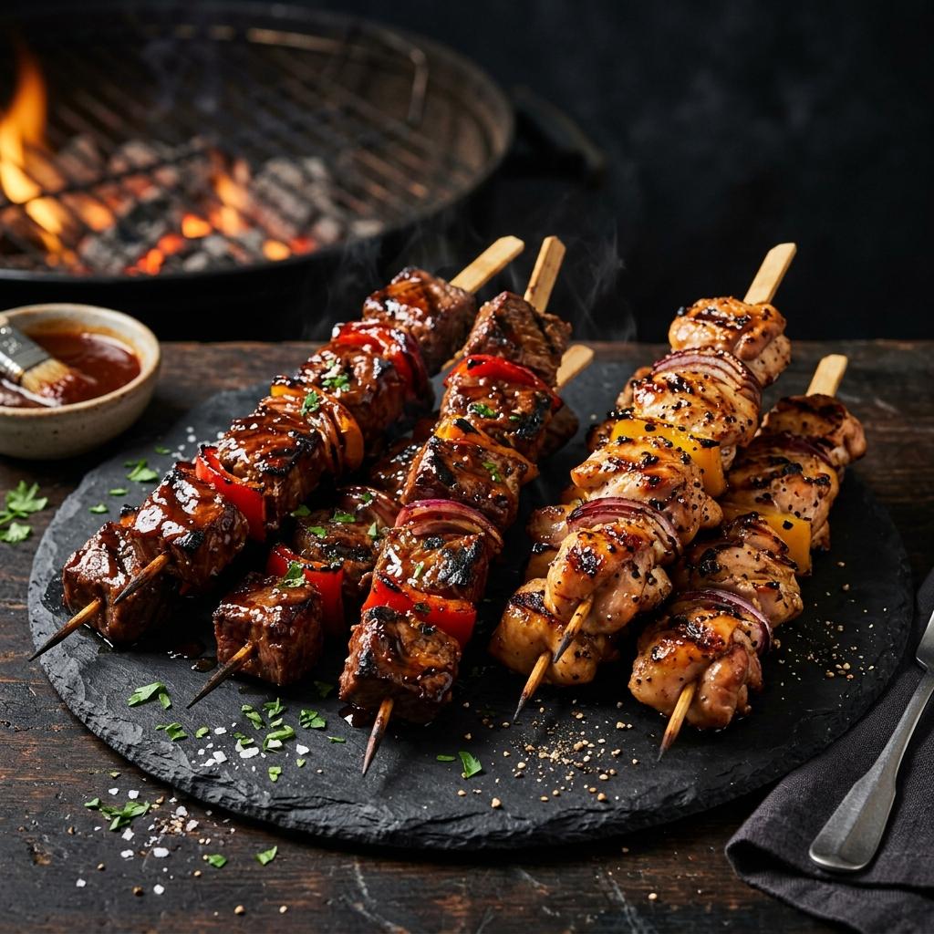 BBQ beef and chicken skewers